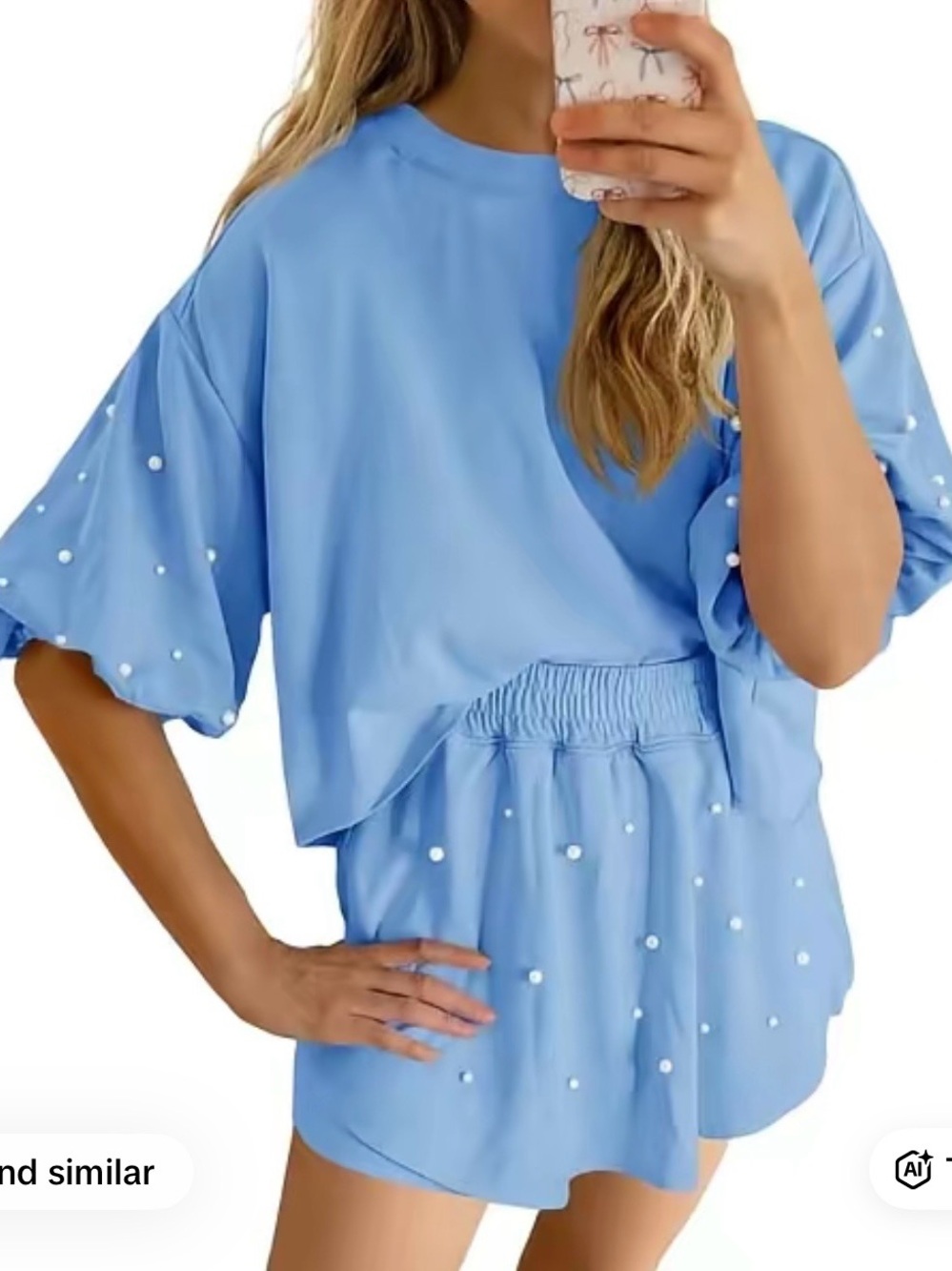 Blue Pearl-Embellished Women's Top - Classic Casual
